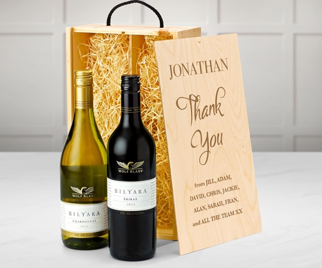 Thank You Australian Red & White Wine Gift Box With Engraved Personalised Lid